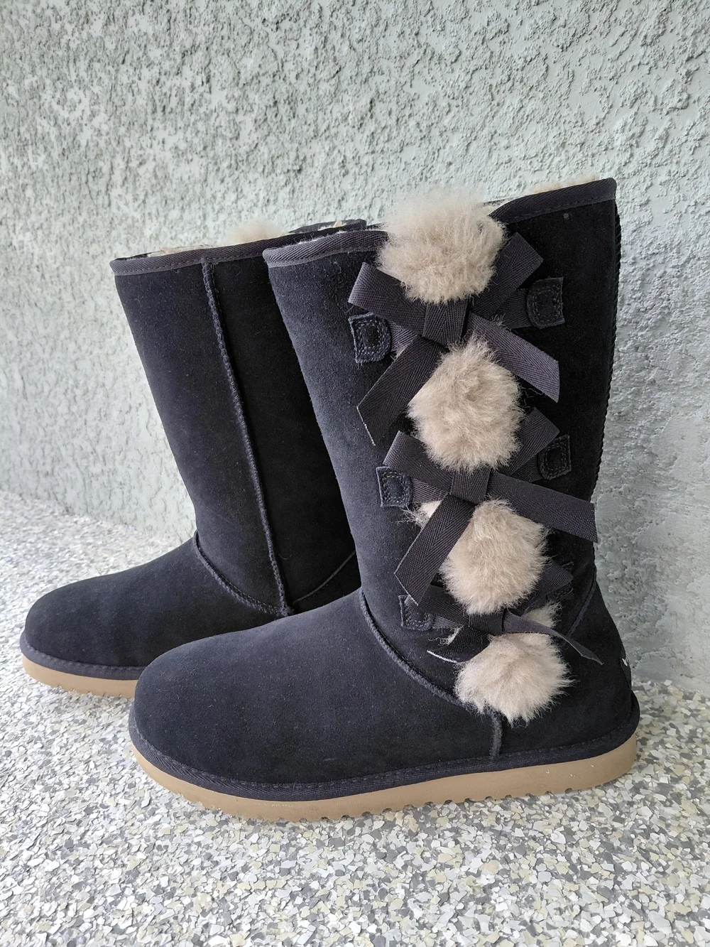 Black Pom-Pom Suede Mid-Calf Boots